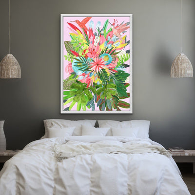 Garden Of Eden In Pink - Tropical Jungle Watercolour Print Stretched Canvas Wall Art - I Heart Wall Art