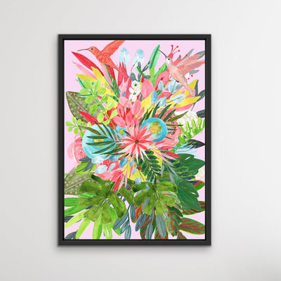 Garden Of Eden In Pink - Tropical Jungle Watercolour Print Stretched Canvas Wall Art - I Heart Wall Art