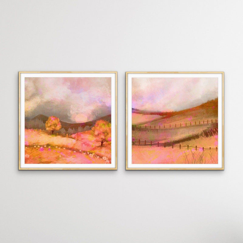 Glowing Lands - Two Piece Orange Square Abstract Print Set - I Heart Wall Art