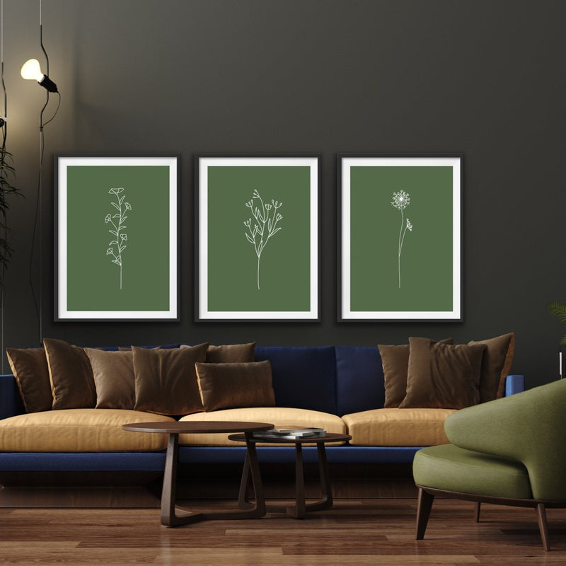 Green Sweet Botanicals - Three Piece White Lined Prints in Green Triptych - I Heart Wall Art