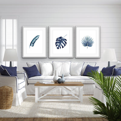 Hamptons Blue Monstera - Three Piece Watercolour Hamptons Blue Print Set Triptych - I Heart Wall Art