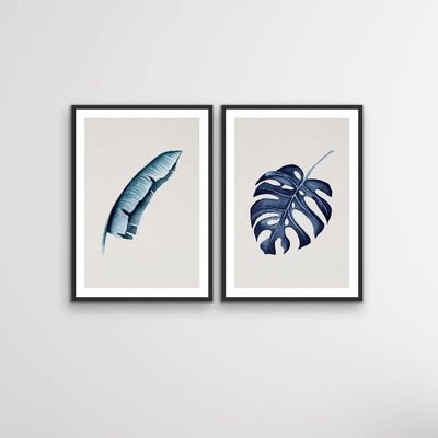 Hamptons Blue Monstera on Grey Linen - Two Piece Hamptons Coastal Beach Print Set Diptych - I Heart Wall Art