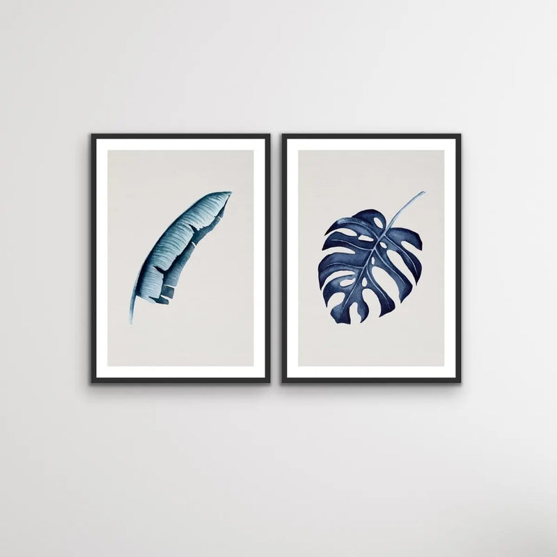 Hamptons Blue Monstera on Grey Linen - Two Piece Hamptons Coastal Beach Print Set Diptych - I Heart Wall Art