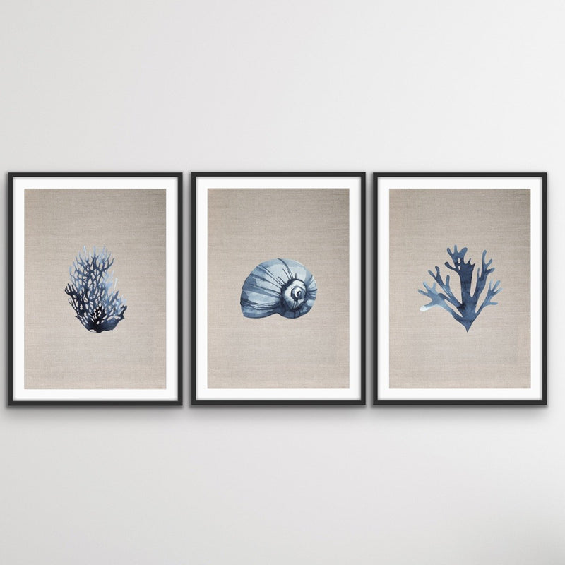 Hamptons Dark Coral On Linen Seaside Wall Art Prints - Three Piece Art Print Triptych - I Heart Wall Art