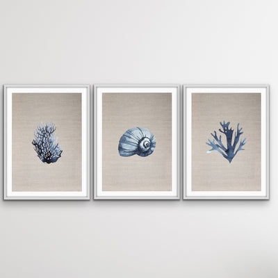 Hamptons Dark Coral On Linen Seaside Wall Art Prints - Three Piece Art Print Triptych - I Heart Wall Art