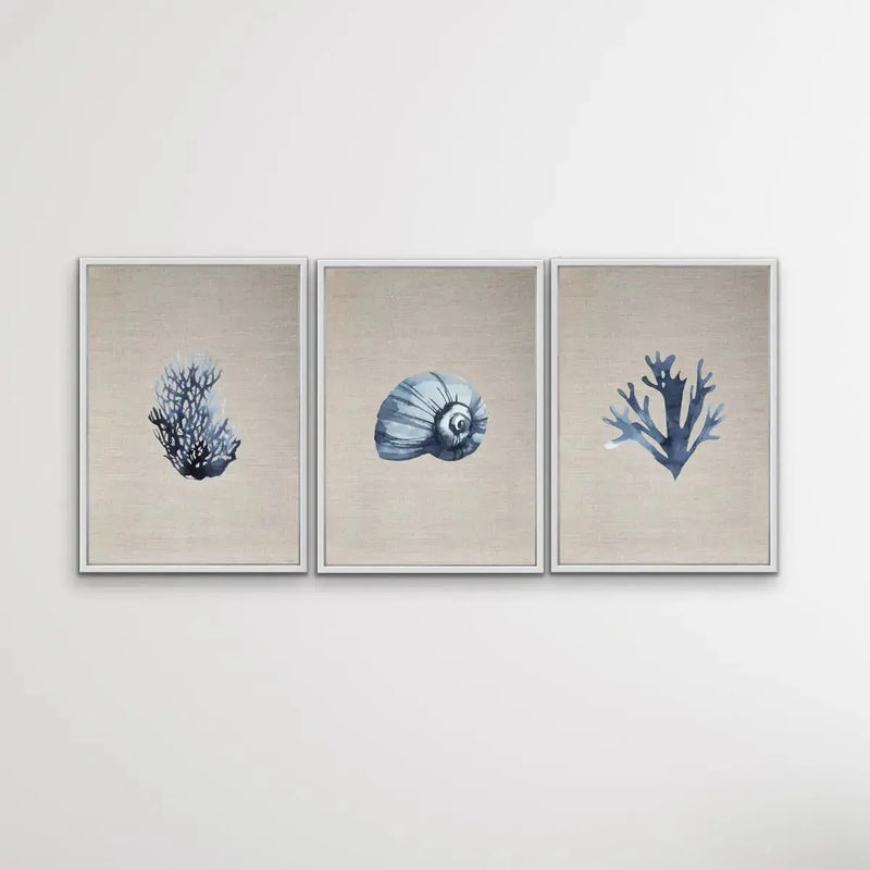 Hamptons Dark Coral On Linen Seaside Wall Art Prints - Three Piece Art Print Triptych - I Heart Wall Art