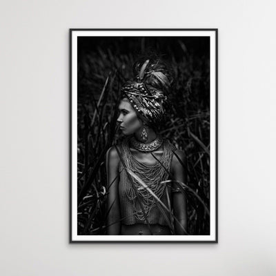Her - Black And White Photographic Print Of Woman In Headdress - I Heart Wall Art
