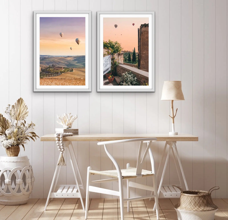 Hot Air Ballooning Over Tuscany - Two Piece Tuscany Italy Photographic Print Set Diptych - I Heart Wall Art