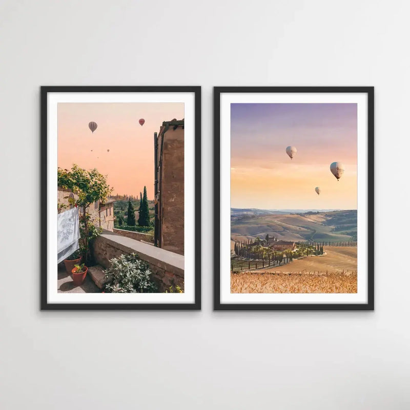 Hot Air Ballooning Over Tuscany - Two Piece Tuscany Italy Photographic Print Set Diptych - I Heart Wall Art