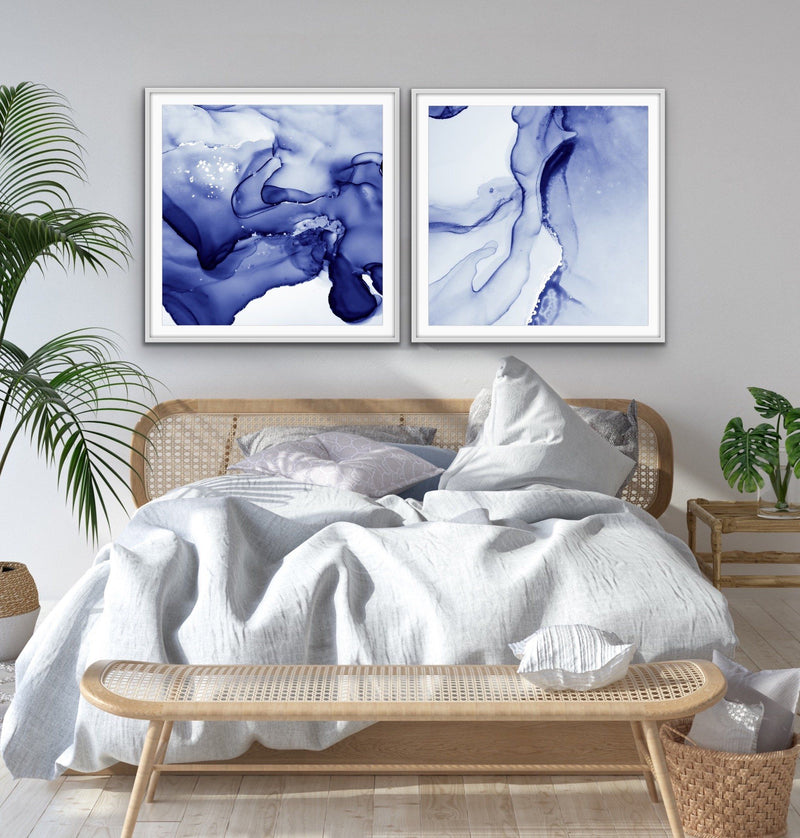 Inky Dreams- Two Piece Square Indigo Blue White Ink Prints - I Heart Wall Art