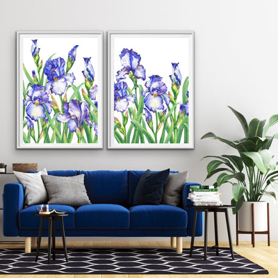 Iris Garden - Two Piece Iris Blue Flower Watercolour Stretched Canvas Framed Wall Art - I Heart Wall Art