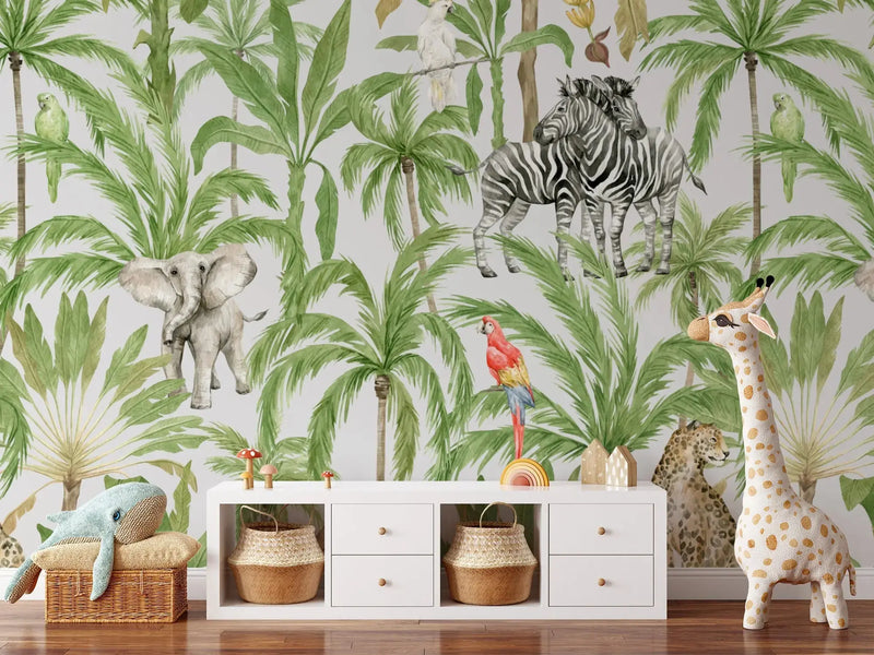 Jungle Story - African and Australian Animals On Jungle Wallpaper I Heart Wall Art Australia 