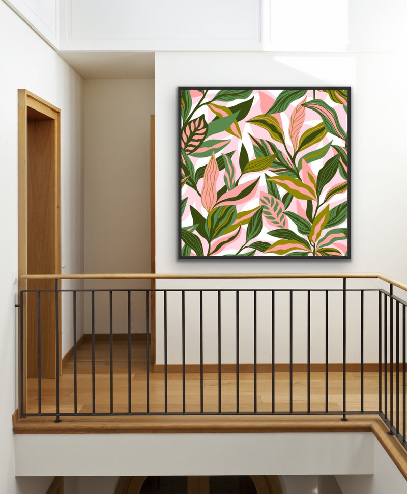 Jungle Vibes - Square Pink and Green Jungle Leaf Print Canvas Wall Art Print I Heart Wall Art Australia 