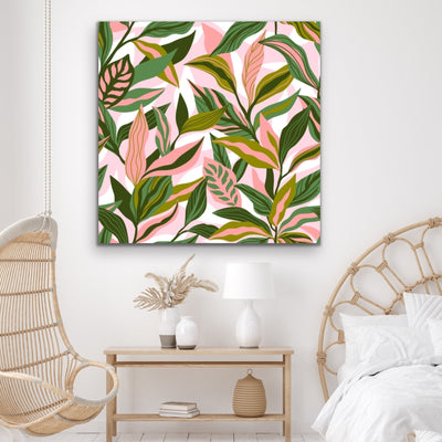 Jungle Vibes - Square Pink and Green Jungle Leaf Print Canvas Wall Art Print I Heart Wall Art Australia 