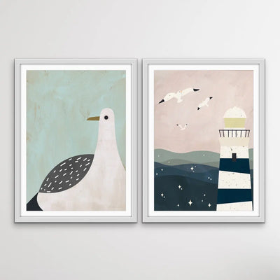 Lighthouse and Seagulls - Two Piece Collage Style Kids Print Set In Pastel Tones I Heart Wall Art Australia 