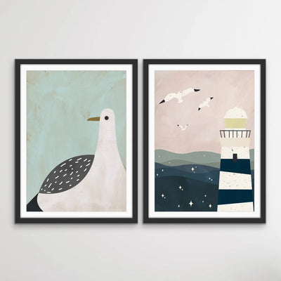 Lighthouse and Seagulls - Two Piece Collage Style Kids Print Set In Pastel Tones I Heart Wall Art Australia 