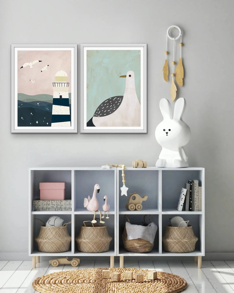 Lighthouse and Seagulls - Two Piece Collage Style Kids Print Set In Pastel Tones I Heart Wall Art Australia 