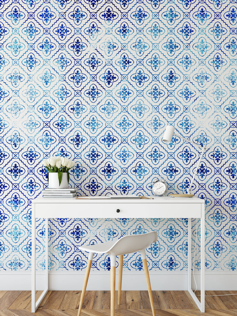 Lunch in Santorini- Blue Tile Wallpaper I Heart Wall Art Australia 