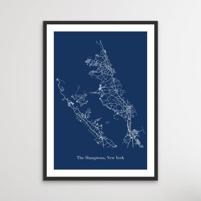 Map Of The Hamptons - Blue and White Map of Hamptons New York Art Print - I Heart Wall Art