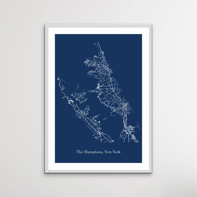 Map Of The Hamptons - Blue and White Map of Hamptons New York Art Print - I Heart Wall Art
