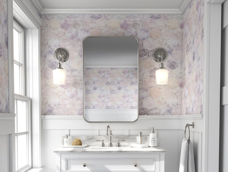 Marble Hexagonal Tile - Soft Pink And Grey Wallpaper - I Heart Wall Art