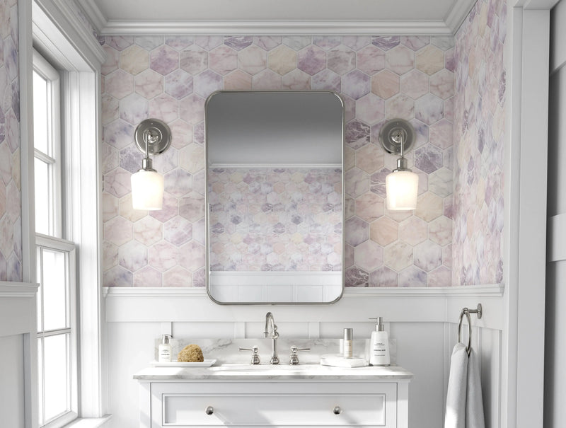 Marble Hexagonal Tile - Soft Pink And Grey Wallpaper - I Heart Wall Art