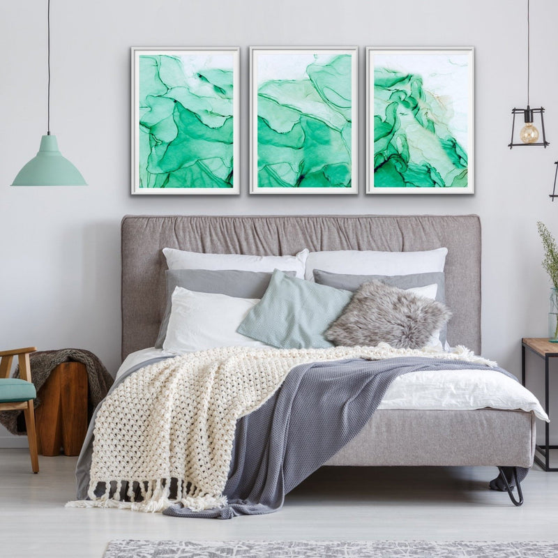 Minted Inkwell Abstracts in Green - Three Piece Alcohol Ink Mint Green Canvas Prints Triptych - I Heart Wall Art