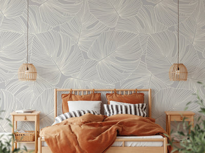 Monstera Line Wallpaper - Light Grey and Off-White Monstera line Art Removable Peel and Stick or Soak and Stick Wallpaper I Heart Wall Art Australia 