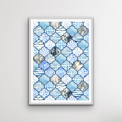 Moroccan Mosaics in Blue - Hamptons Style Tiled Watercolor Art Print - I Heart Wall Art