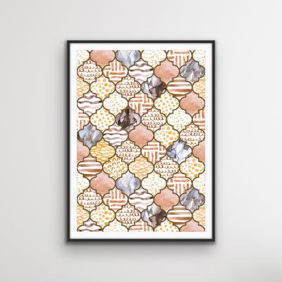 Moroccan Mosaics in Bronze- Moroccan Style Tiled Watercolor Art Print - I Heart Wall Art