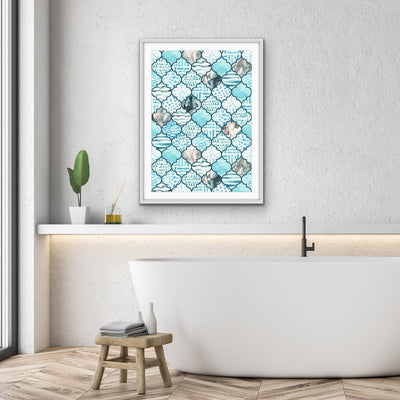 Moroccan Mosaics in Turquoise - Moroccan Style Tiled Watercolor Art Print - I Heart Wall Art