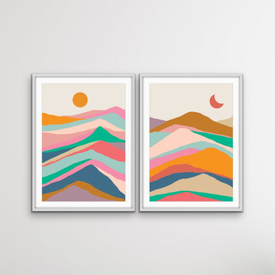 Mountain Pass - Two Piece Colourful Landscape Geometric Print Set Diptych - I Heart Wall Art