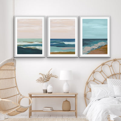 My Beach Memories - Three Piece Blue Pink Surreal Landscape Print Set on Paper Or Canvas Triptych - I Heart Wall Art