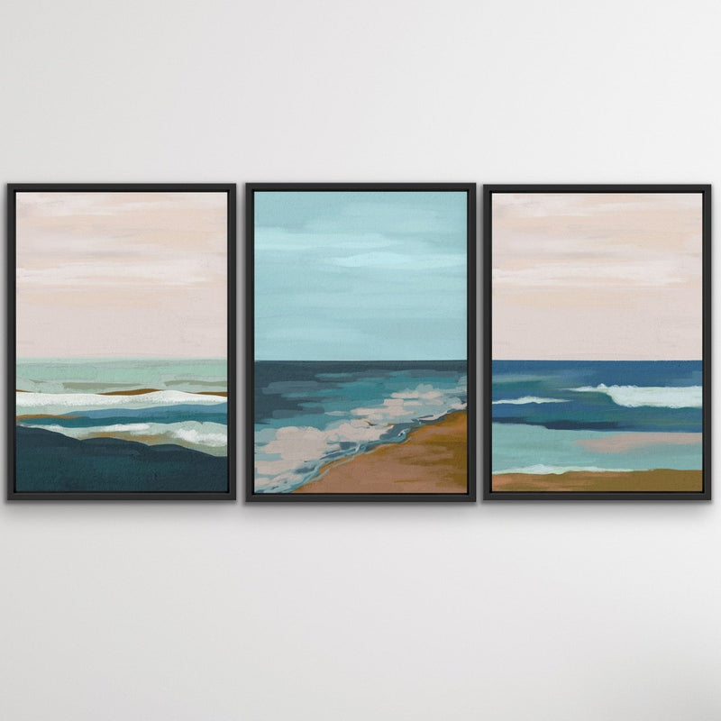 My Beach Memories - Three Piece Blue Pink Surreal Landscape Print Set on Paper Or Canvas Triptych - I Heart Wall Art