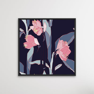Navy Lilly Bouquet - Pink and Blue Contemporary Floral Canvas Wall Art Print I Heart Wall Art Australia 