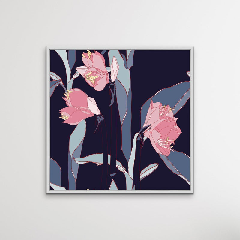 Navy Lilly Bouquet - Pink and Blue Contemporary Floral Canvas Wall Art Print I Heart Wall Art Australia 