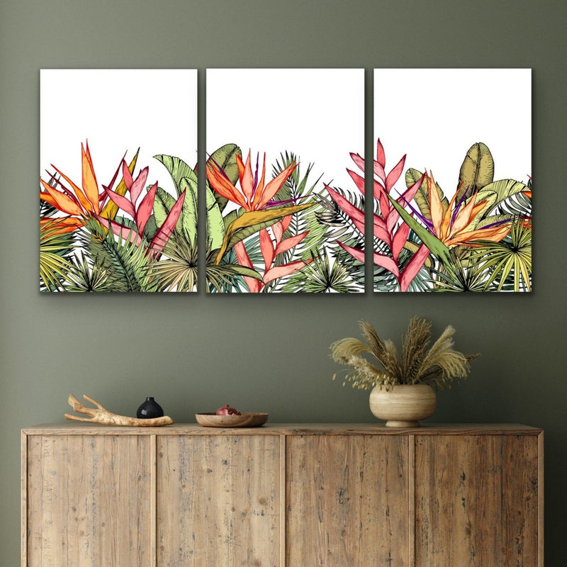 Oasis - Three Piece Jungle Monstera Palm Garden Stretched Canvas Print Triptych - I Heart Wall Art