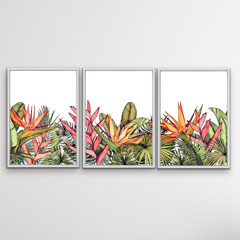 Oasis - Three Piece Jungle Monstera Palm Garden Stretched Canvas Print Triptych - I Heart Wall Art