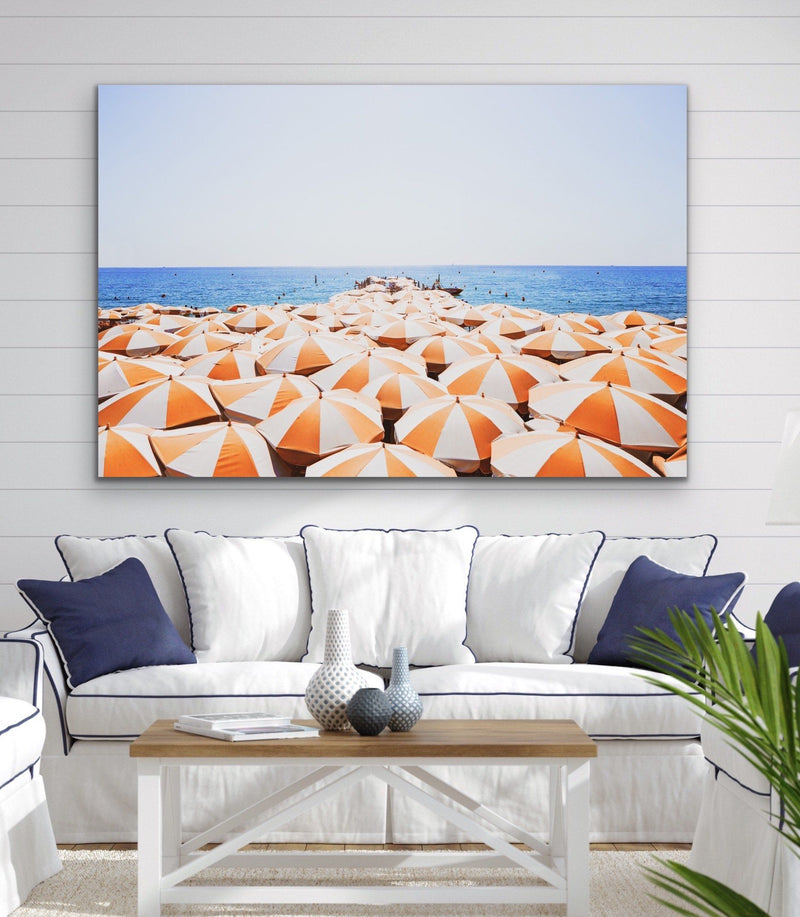 Orange Umbrellas - Busy Beach Print With Umbrellas Along The Shore - I Heart Wall Art