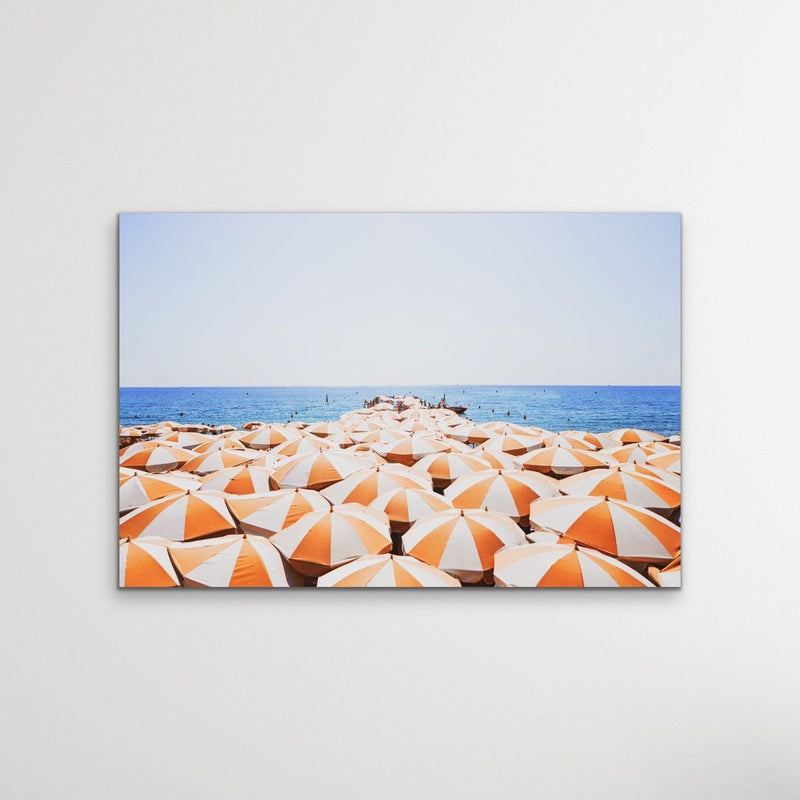 Orange Umbrellas - Busy Beach Print With Umbrellas Along The Shore - I Heart Wall Art