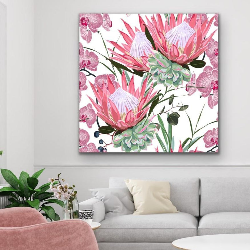 Orchid Dreams - Pink and Green Contemporary Floral Orchid Protea Canvas Wall Art Print - I Heart Wall Art