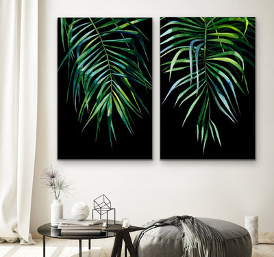 Palms On Black - Two Piece Watercolour Palm Illustrations On Black Background Diptych - I Heart Wall Art