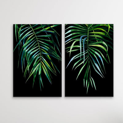 Palms On Black - Two Piece Watercolour Palm Illustrations On Black Background Diptych - I Heart Wall Art