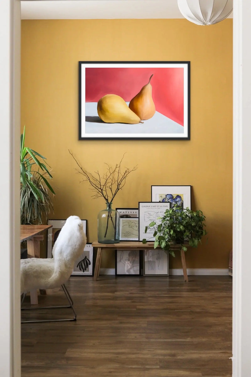 Pears On Red - Colourful Still Life of Pears against a Red Background - Canvas or Art Print - I Heart Wall Art