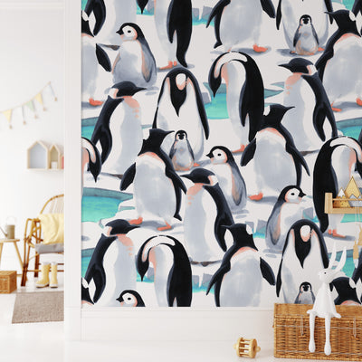 Penguin Colony - Watercolour Penguin Illustration Wallpaper - I Heart Wall Art
