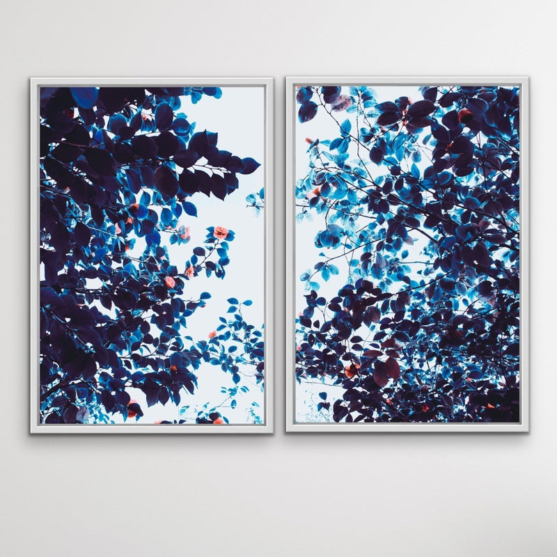 Perspective- Two Piece Blue and Pink Foliage Stretched Canvas Framed Wall Art Diptych - I Heart Wall Art