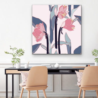 Pink Lilly Bouquet - Pink and Blue Contemporary Floral Canvas Wall Art Print I Heart Wall Art Australia 
