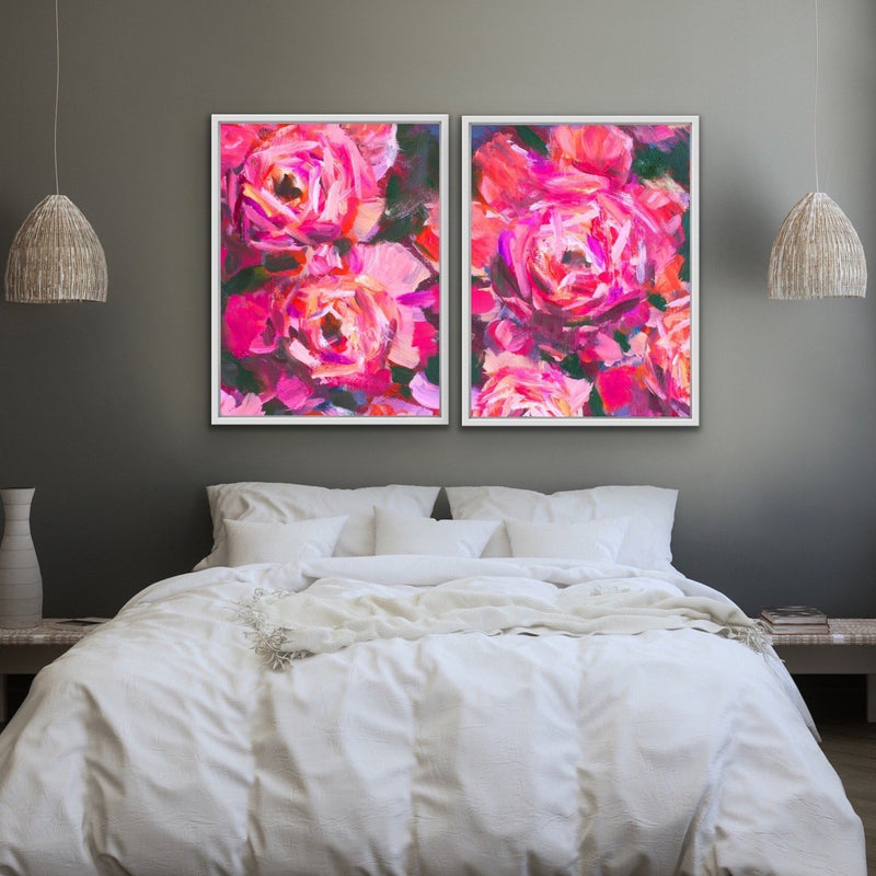 Pink Peony Pair - Two Piece Pink Peony Floral Oil Painting on Stretched Canvas Framed Wall Art Diptych - I Heart Wall Art