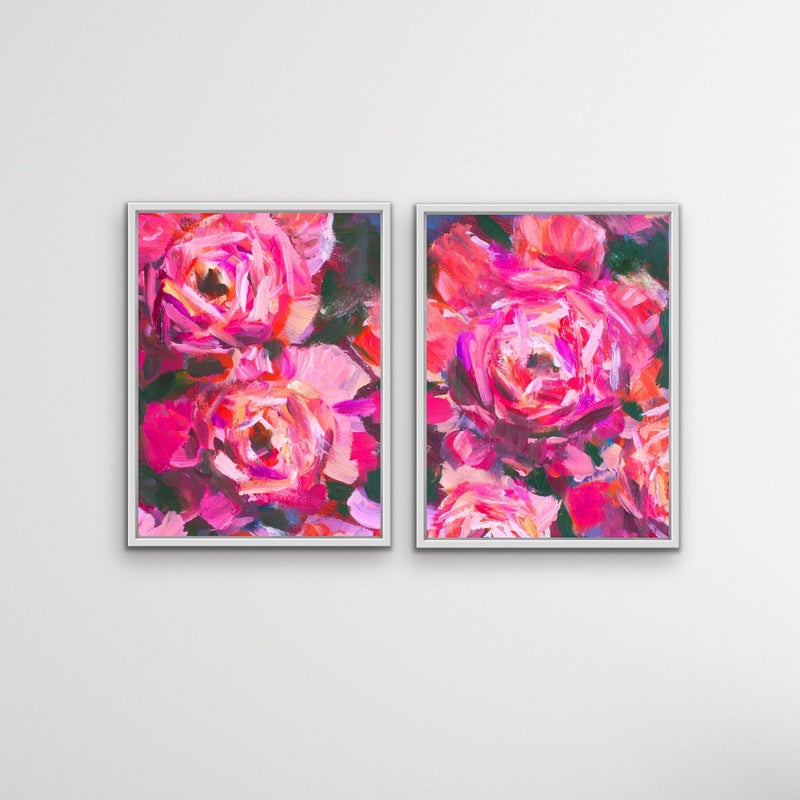 Pink Peony Pair - Two Piece Pink Peony Floral Oil Painting on Stretched Canvas Framed Wall Art Diptych - I Heart Wall Art