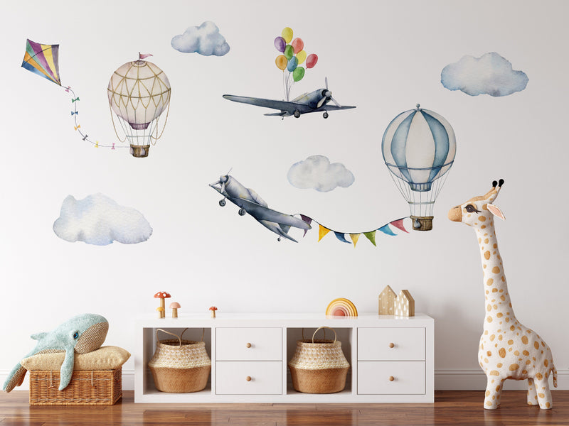Planes and Balloons - Watercolour Decal Set Featuring Planes Kits and Hot Air Balloons I Heart Wall Art Australia 